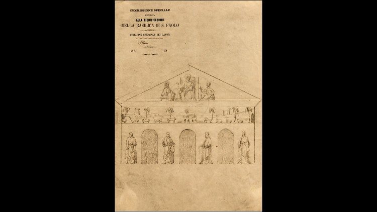 Filippo Agricola (o copia da Filippo Agricola), Disegno per il mosaico della facciata della basilica di San Paolo, 1860 ca., grafite su carta, mm 265 &times; 200, Roma, AASPflm (c1, ca3, 7). &copy; Roma, AASPflm.
