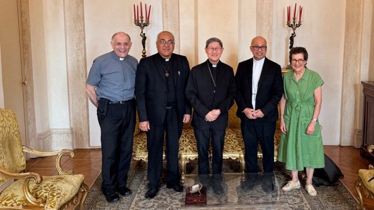 Fr. Friedrich Bechina, OSR, Fr. Okusitino Ulupano, Archbishop Ryan Jimenez, and Adjunct Professor Susan Pascoe meet with Cardinal Luis Antonio Tagle, Pro-Prefect of the Dicastery for Evangelization in Rome. 