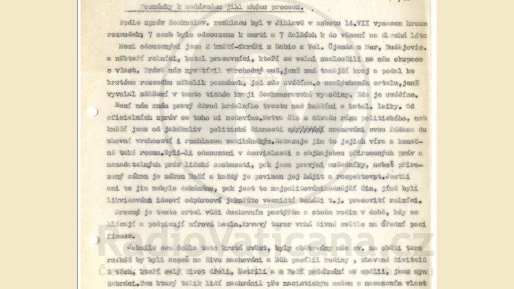 Archivní záznam textu odvysílaného českou redakcí RV 16. července 1951