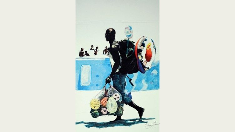  "Venditore di materassini da mare", tecnica mista su tela, 2015. Fonte: ufficio stampa Palazzo delle Esposizioni