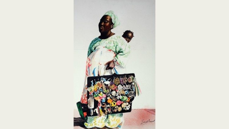 "Donna con bambino", tecnica mista su tela, 2015. Fonte: ufficio stampa Palazzo delle Esposizioni