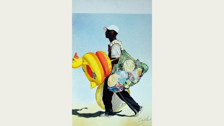"Venditore di paperelle da mare", tecnica mista su tela, 2015. Fonte: ufficio stampa Palazzo delle Esposizioni