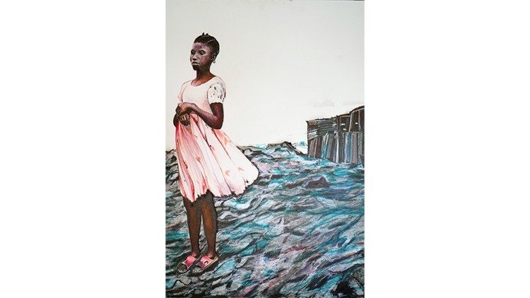 "Ragazza in attesa", tecnica mista su tela, 2022. Fonte: ufficio stampa Palazzo delle Esposizioni