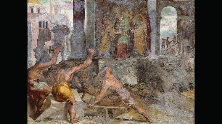 La costruzione del tempio, affresco, particolare della dodicesima volta delle Logge con le storie di Salomone