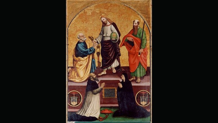 Ippolito Romano, Egidio da Viterbo e la sorella Pacifica inginocchiati di fronte a Cristo e ai Santi Pietro e Paolo, 1537, olio su tavola, Viterbo, chiesa della Santissima Trinit&agrave;
