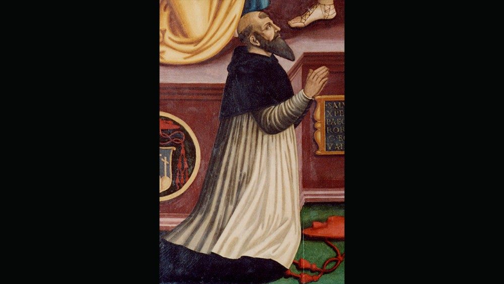 Ippolito Romano, Egidio da Viterbo (particolare) e la sorella Pacifica inginocchiati di fronte a Cristo e ai Santi Pietro e Paolo, 1537, olio su tavola, Viterbo, chiesa della Santissima Trinità