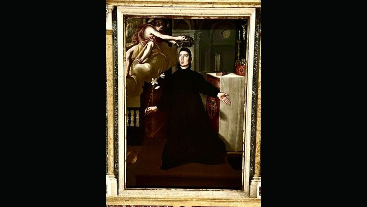 Ippolito Andreasi (1548-1608), Św. Alojzy Gonzaga ukoronowany r&oacute;żami przez anioła, katedra w Mantui, obraz uznawany za portret świętego, wykonany z okazji jego beatyfikacji w 1605 r. 