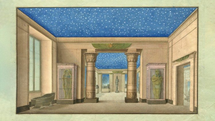 Acquerello del primo allestimento del Museo Gregoriano Egizio, veduta Sale I e II