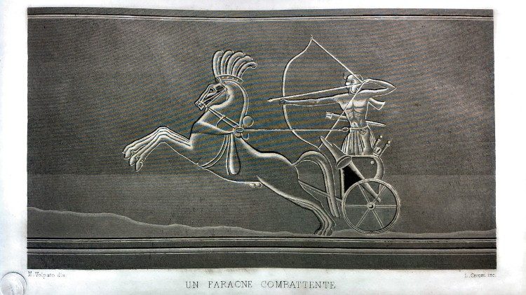 Tavola di faraone combattente dal Progetto della pubblicazione della Spedizione Romana in Egitto di papa Gregorio XVI