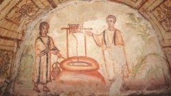 Gesù e la Samaritana al pozzo, affresco che decora la lunetta di un arcosolio nell’Ipogeo di Via Dino Compagni, a Roma