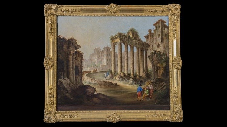 Anonimo, Veduta del tempio di Saturno e del Campidoglio, olio su tela, inizi sec. XIX, Musei Vaticani 
