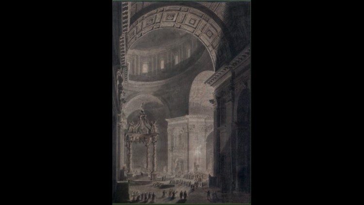Louis-Jean Desprez, Interno della Basilica di San Pietro in Vaticano durante la Cerimonia del Gioved&igrave; Santo con la Croce illuminata, s.d., disegno acquarellato, Musei Vaticani