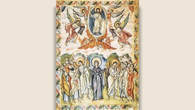 Ascensione, dai Vangeli di Rabbula, VI sec. d.C. Miniatura su pergamena, 34 x 27 cm. Folio 13v. Firenze, Biblioteca Laurenziana.