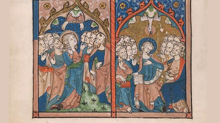 L'Ascensione e la Pentecoste, miniature da manoscritto, 1410 ca., New York, The Morgan Library & Museum, Ms. 36 (89.ML.3), fol. 36v.
