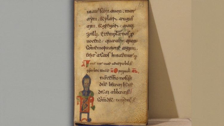 Ritratto di San Benedetto. Libro d'ore di Čika, Budapest, Biblioteca e Centro di informazione dell'Accademia ungherese delle scienze.