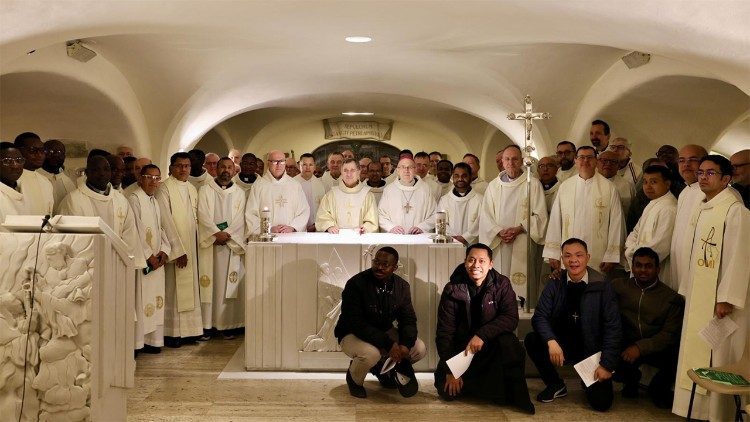 Oblates gather at the tomb of Pope Leo XII in the Vatican Grottoes