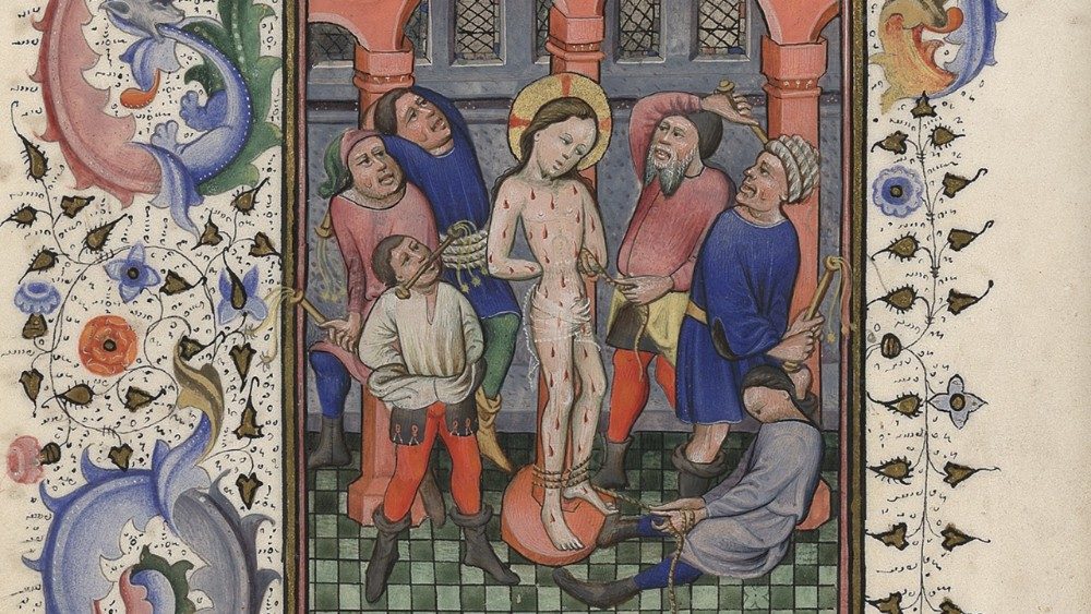 La flagelación, Libro de Horas, Biblioteca Apostólica Vaticana, oct. 2919, Flandes, siglo XV (187 x 134 mm) - detalle 