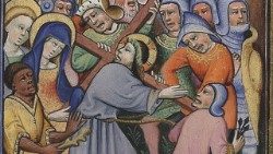 Aufstieg auf den Kalvarienberg, Stundenbuch Vatikanische Apostolische Bibliothek, Ott. lat. 2919, Flandern, 15. Jahrhundert (187x134 mm; ss. 299), s. 22v © Biblioteca Apostolica Vaticana