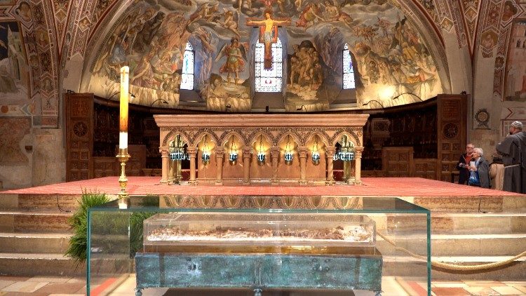 The relics are displayed in front of the main altar in Assisi's lower basilica