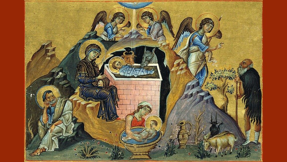 Menologio di Basilio II, Natività di Cristo, miniatura, fine X secolo, Biblioteca Apostolica Vaticana (Vat. Graec. 1613).