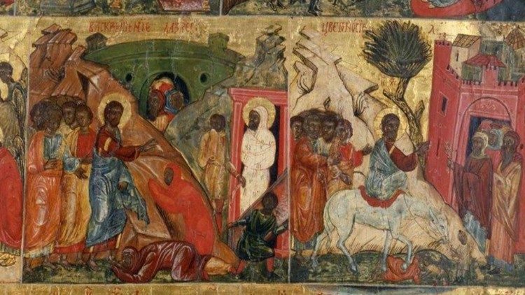 Shkollë sllavo-maqedonase. Ikona e 12 festave (Dodekaorton), Ringjallja e Lazrit dhe hyrja e Krishtit në Jerusalem, shek. XVI?, tempera mbi dru arre, cm 57 x 40,5, Pinakoteka e Vatikanit (©Musei Vaticani)