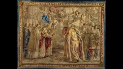 Manifattura Barberini, Urbano VIII dedica la Basilica di San Pietro, Serie della Vita di Urbano VIII, 1671-1673 Arazzo; ordito in lana; trama in lana e seta Città del Vaticano, Musei Vaticani © Governatorato SCV – Direzione dei Musei.