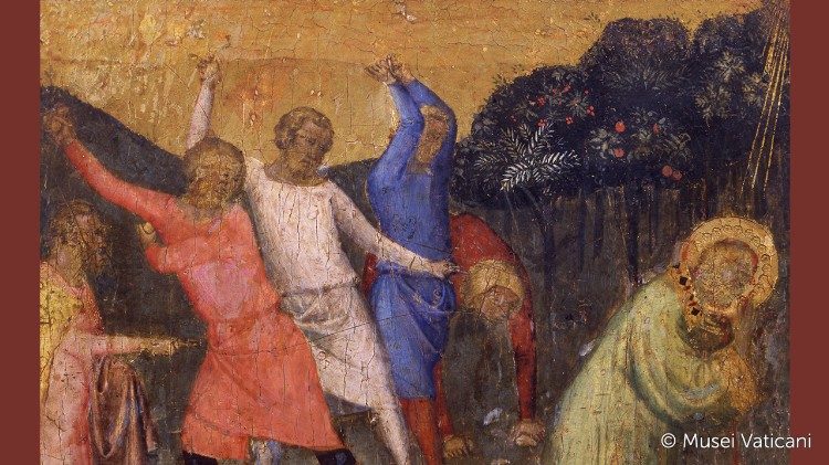 Bernardo Daddi, (Florencia 1290 ca. - 1348 ca.), Martirio de San Esteban (1345 ca.), Tempera sobre tabla, Panel de predela con historias de San Esteban, Pinacoteca Vaticana, ©Musei Vaticani