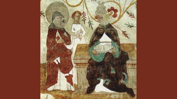 Katerina me nënën e saj Bridget me Papa Urban V (Joachim Schäfer - Ökumenisches Heiligenlexikon)